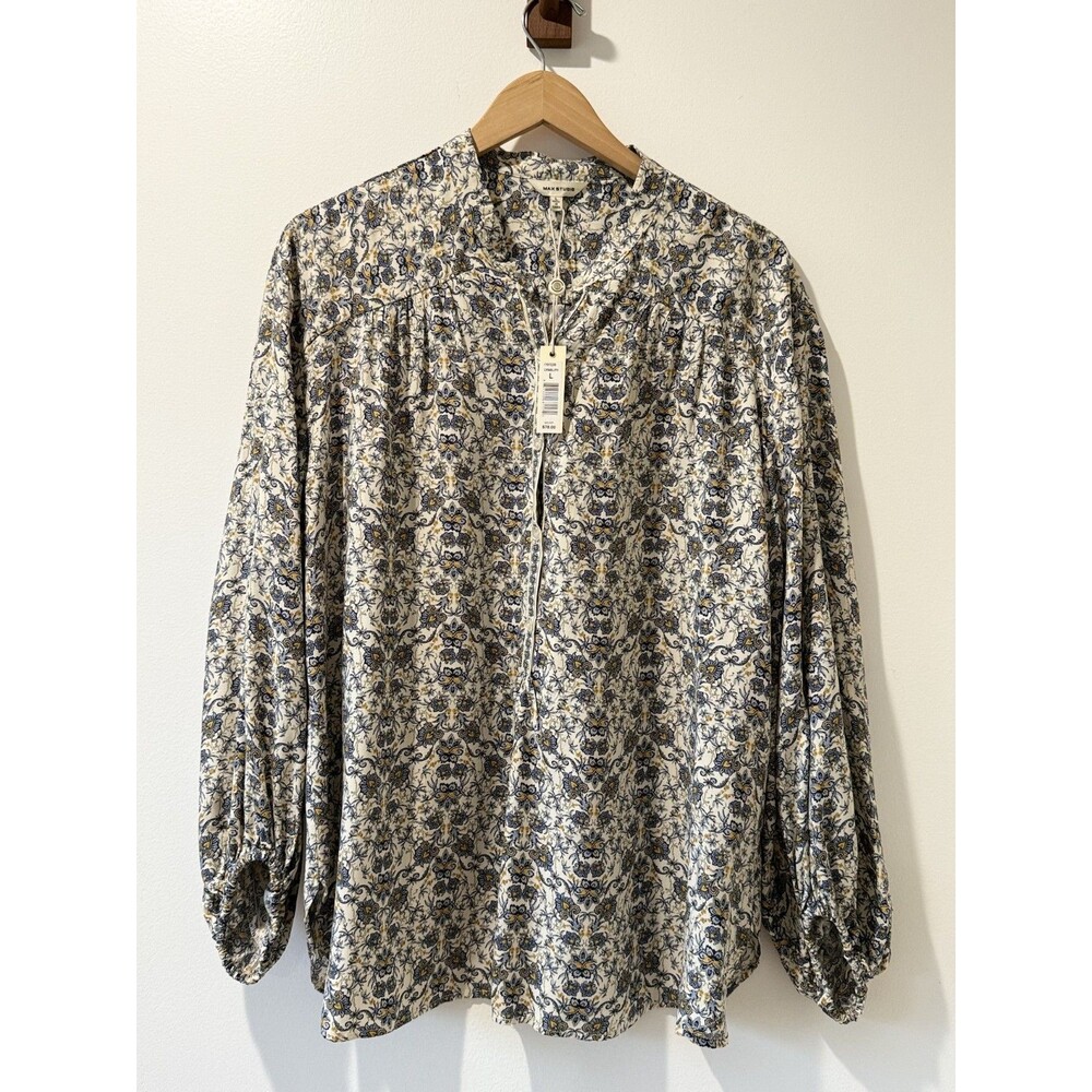NWT Max Studio Floral  op Womens Sz L 3/4 Sleeve Button Peasant Resort Scandi